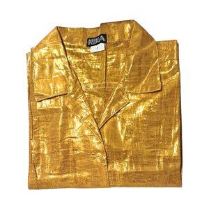 Vintage Golden Yellow Top Womens Size 3 Metallic Button Up Short Sleeve Shirt by